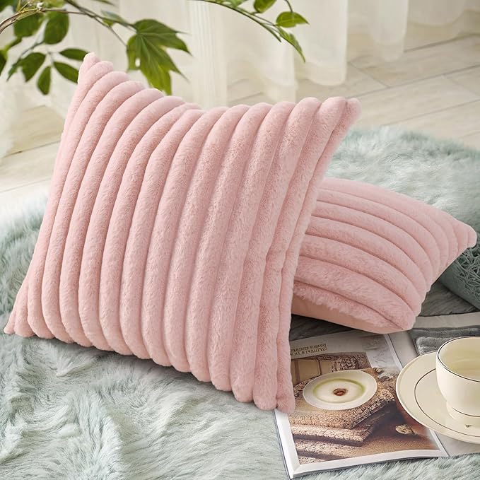 decorUhome Faux Fur Throw Pillow Covers 22x22 Set of 2, Decorative Soft Plush Striped Neutral Couch Euro Pillow Covers with Velvet Back for Sofa, Bed, Living Room Home Decor, Pink