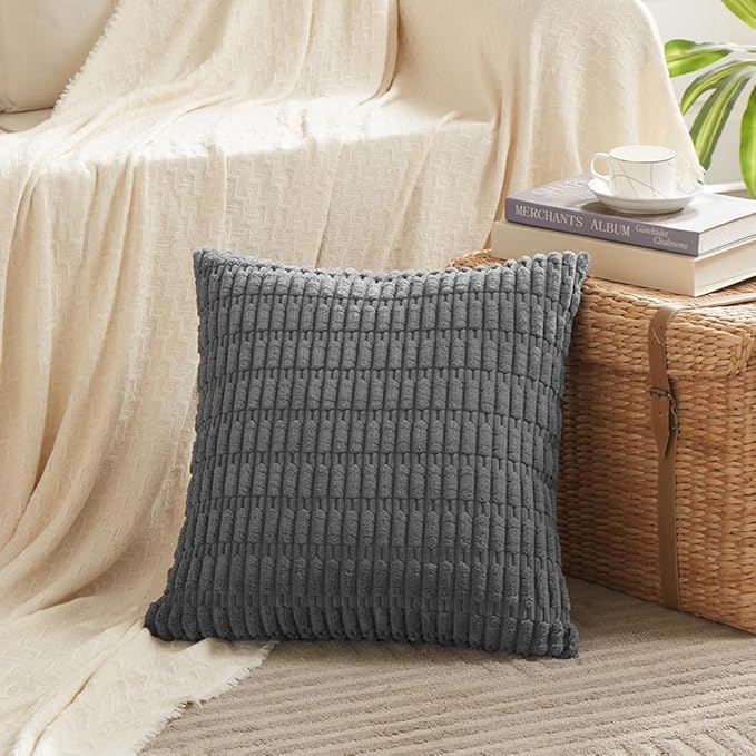 Fancy Homi Dark Grey Decorative Throw Pillow Covers 18x18 Inch for Living Room Couch Bed Sofa, Rustic Farmhouse Boho Home Decor, Soft Striped Corduroy Square Cushion Case 45x45 cm