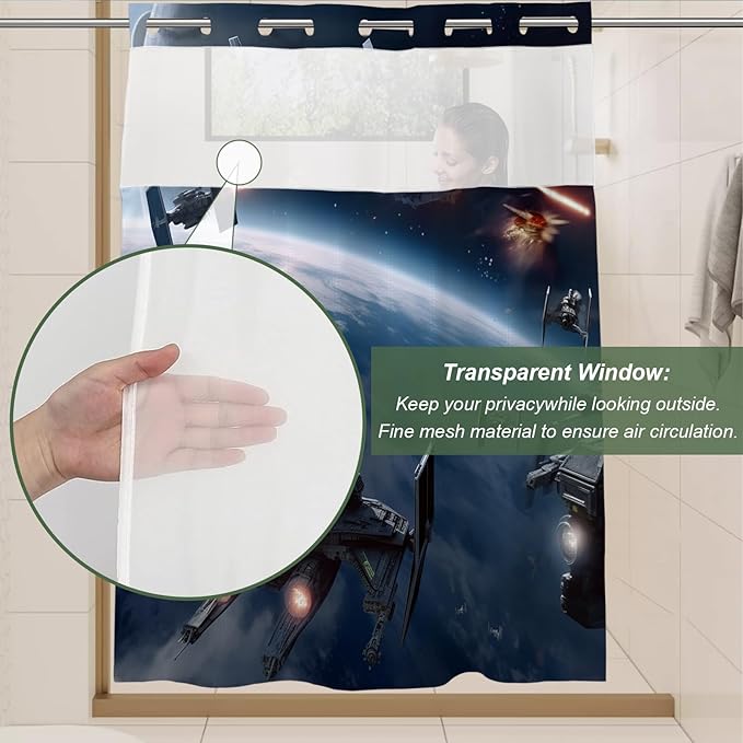 Funny Planet Science Fiction Movie Theme Universe War Cool Shower Curtain with Snap in Fabric Liner Set, Detachable Liner, See Through Mesh Top Window, Waterproof Washable 72" W x 74" H