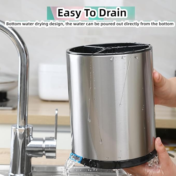Kitchen Utensil Holder Extra Large 360°Rotating For Counter Organizer Stainless Steel Storage Cooking Silverware Caddy 3 Compartment Flatware Spoon Spatula Tool Cutlery Container（Silvery）