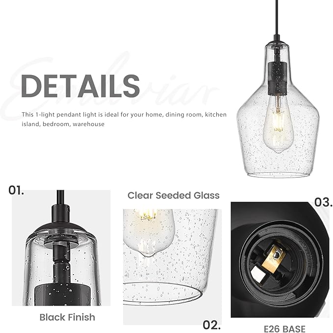 Emliviar 1-Light Hanging Light Fixture, Modern Kitchen Island Pendant Light with Clear Seeded Glass, Black Finish, DYE286G2-MIL BK