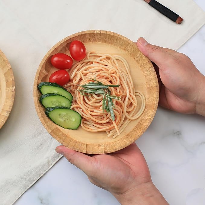 Bamboo Dinner Plates Set of 2, 7.5-inch Wooden Serving Plates with Raised Edges for Snack/Dessert, Round Lightweight Dishes Doubles as Pasta Bowls for Fruit/Salads, Wide and Shallow