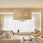 Rattan Drum Chandeliers for Dining Room, 4-Light Bohemian Hand-Woven Farmhouse Pendant Light Dining Room Light Fixture Chandelier for Entryway Living Room Kitchen Stairway Bedroom Hallway(Gold)