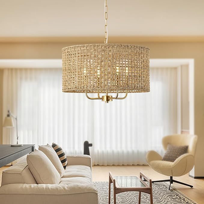 Rattan Drum Chandeliers for Dining Room, 4-Light Bohemian Hand-Woven Farmhouse Pendant Light Dining Room Light Fixture Chandelier for Entryway Living Room Kitchen Stairway Bedroom Hallway(Gold)