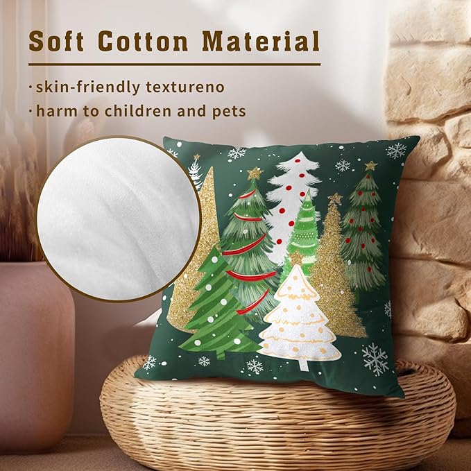 Christmas Tree Pillow Covers 22x22 Inch 2 Pcs, Xmas Pine Trees Green Decorative Square Throw Pillows Thick Cotton Cushion Cases for Home Outdoor Couch Sofa Bed Winter Season Decor