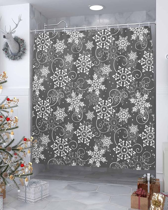 Vandarllin Christmas Shower Curtain, Grey White Snowflakes Pattern Shower Curtains Set with Hooks, Winter Waterproof Fabric Bathroom Curtains Decor Home Accessories,72 X 72 Inch Long