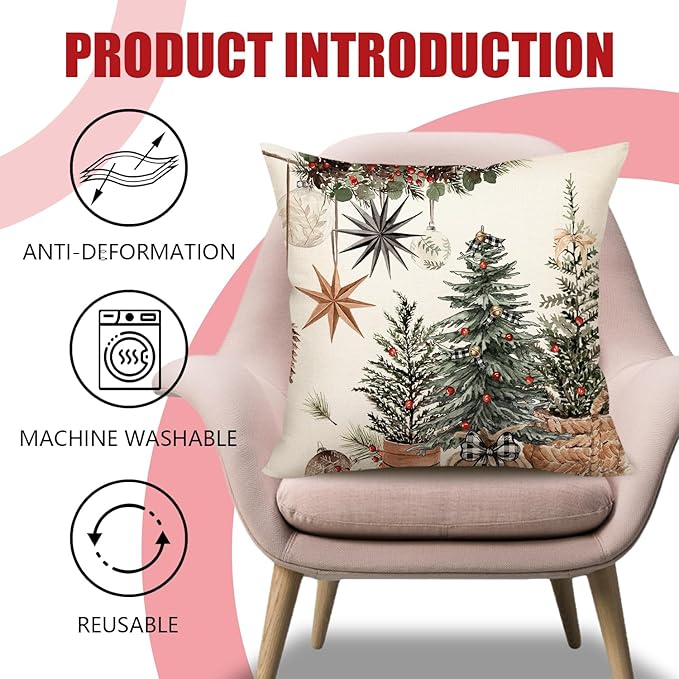 4TH Emotion Christmas Trees Pillow Covers 18x18 Inch Set of 2, Boho Xmas Farmhouse Decorations Winter Holiday Decor Throw Cushion Case for Home Couch S24C38