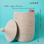 Wicker Basket, Storage & Organization, Home Decor, Laundry Hamper Bedroom, Baby Nursery Toys Bin, Blankets Storage Living Room, Bathroom Towels Holder, Woven, Round, Lid, Handles, White, Small