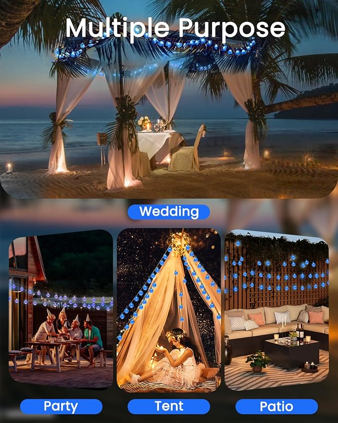 LORRYTE 2-Pack 120 LED Blue Solar Christmas Lights Outdoor - 72FT Crystal Globe Waterproof Solar String Lights with 8 Lighting Modes for Christmas Decorations, Garden, Patio, Party, Porch