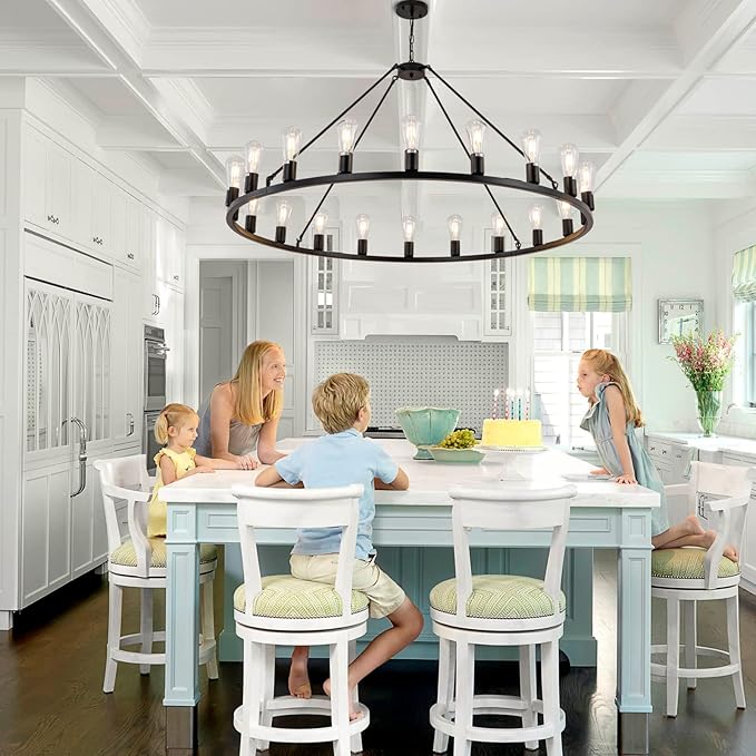 48” 20-Light Extra Large Wagon Wheel Chandelier, Round Black Rustic Farmhouse Chandelier Light Fixture for High Ceiling Living Room Dining Room Stairs Foyer- Adjustable Height Metal E26