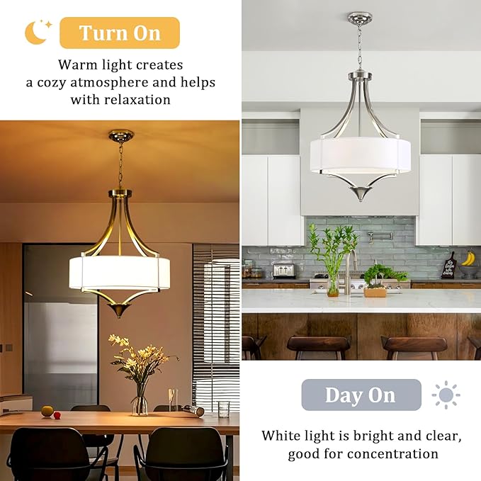 6-Light Brushed Nickel Chandelier 19.7" Modern Drum Chandeliers for Dining Room Light Fixture with White Fabric Shade Large Pendant Lighting for Kitchen Island Living Room Bedroom Foyer Over Table,E12