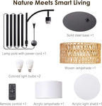 Bohemian Rattan Floor Lamp for Living Room - Black Arc Design, 12W LED (1 in use + 1 Spare), Remote & Dimmable 3 - Color Temp, Tall Standing Lamp