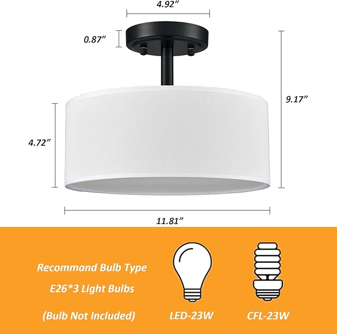 Modern Black Light Fixture Ceiling Mount Flush Mount Drum Ceiling Light Fixture 3 Light Semi Flush Mount Ceiling Light for Hallway Bedroom Entryway Foyer Office