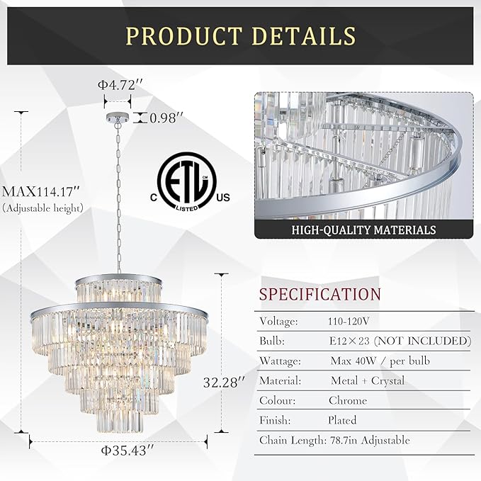 23 Lights Large Crystal Chandeliers 36" Modern Chrome Luxury Chandelier for Foyer Staircase Chandeliers 6 Tiers Round K9 Ceiling Pendant Lighting Fixture for Living Dining Room