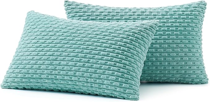 MIULEE Pack of 2 Decorative Lumbar Throw Pillow Covers 12x20 Inch Soft Boho Striped Textured Corduroy Pillow Covers Modern Farmhouse Home Decor for Couch Bed Sofa Living Room Aqua Green