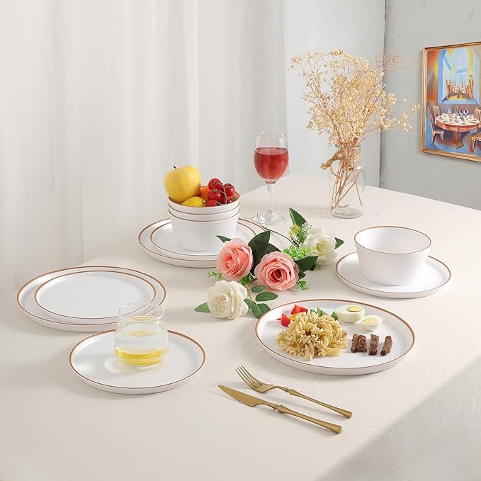 Melamine Dinnerware for 4, 12 Pieces Unbreakable Matte Plastic Plates and Bowls set, Kitchen Dish set BPA Free, Dishwasher Top Safe, Not Microwave, Not Oven (White)