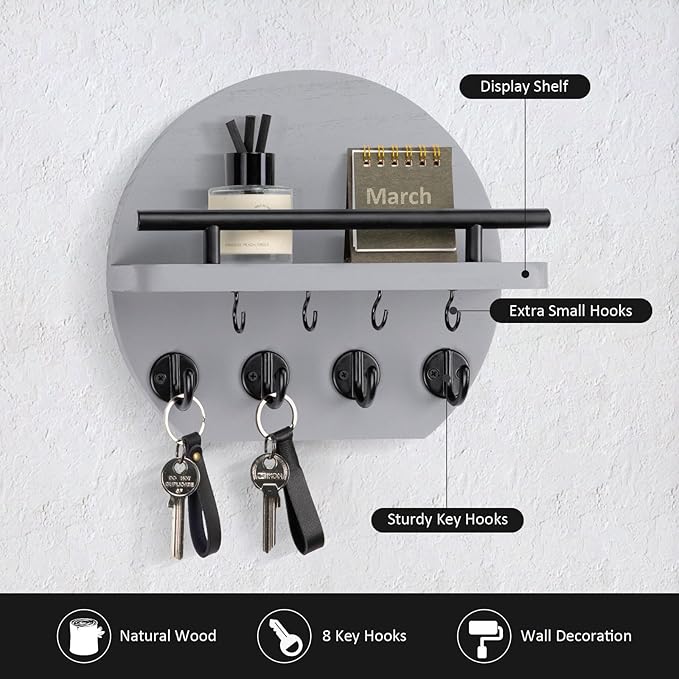 Nekon Key Holder for Wall - 9.8 Inch Apartment Wall Decor with Shelf and 8 Key Hooks, Circular Wood Key Hanger for Home Decor (Gray)