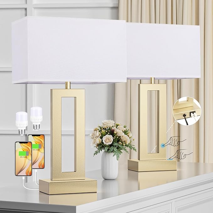 Nightstand Table Lamps for Bedrooms Set of 2 - Touch Bedside Lamp with USB C+A, 3 Way Dimmable Living Room Lamps for End Tables Set of 2(White&Gold)