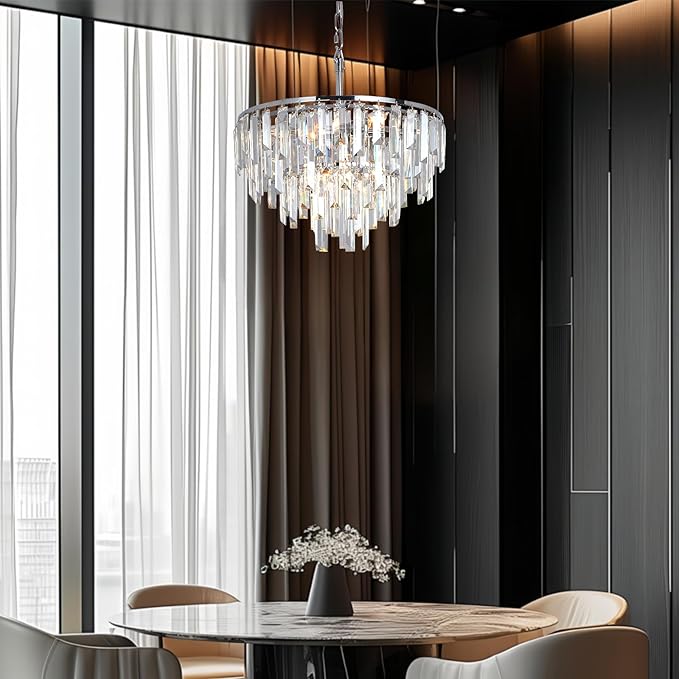 Chrome Crystal Chandeliers for Dining Room, 18" Modern Round Chandelier 4-Tier 6 Lights Dimmable Luxury Ceiling Light Fixture K9 Raindrop Crystal Pendant Lamp for Living Room Bedroom Foyer