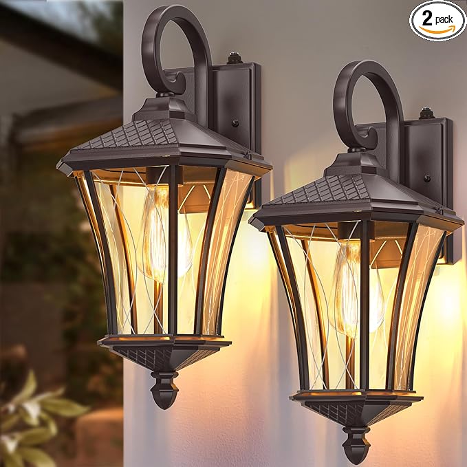 YSN 2 Pack Dusk to Dawn Outdoor Light Fixture Wall Mount Porch Lights Weather Resistant Exterior Sconce Light, Waterproof Wall Lantern for Porch, Garage, Backyard, Walkway, E26 Socket, Brown