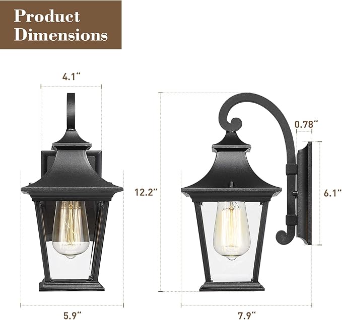 Emliviar Outdoor Porch Light, Modern Outside Wall Light Fixture for House Garage, Clear Glass in Black Finish, 12" Height, XE219B BK