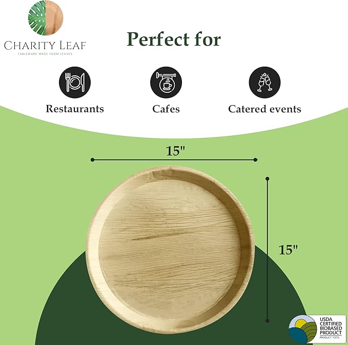 Disposable Palm Leaf 15" Round Trays (25 pieces) Bamboo Like Serving Platters, Disposable Boards, Eco-Friendly Dinnerware For Weddings, Catering, Events