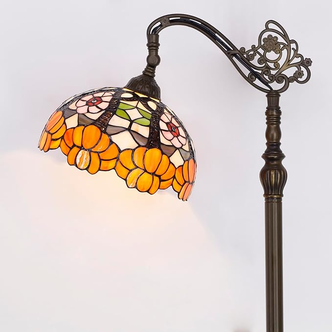 Tiffany Floor Lamp Stained Glass Orange Flower Style Arched Reading Light Gooseneck Adjustable Corner Standing Lamp 12X16X66 Inch for Bedroom Living Room Home Office