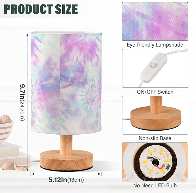 Table Lamp Pastel Pink Tie Dye Swirl Print Nightstand Lamp with Wood Base Fabric Lamp Shade Bedside Desk Lamp for Living Room Bedroom Kids Room Office