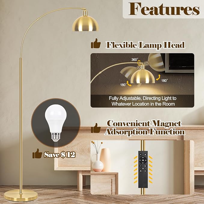 【Upgraded】 Arc Floor Lamps for Living Room - Stepless Dimmable Gold Tall Lamp with Remote Control & Color Temperature 9W LED Bulb, Over Couch Arched Reading Standing Lamp for Bedroom Brass