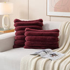 FUTEI Burgundy Decorative Throw Pillow Covers 22x22 Inch Set of 2, Square Soft Faux Rabbit Fur Big Striped Cushion Cover,Home Decor for Couch Sofa Bed Living Room