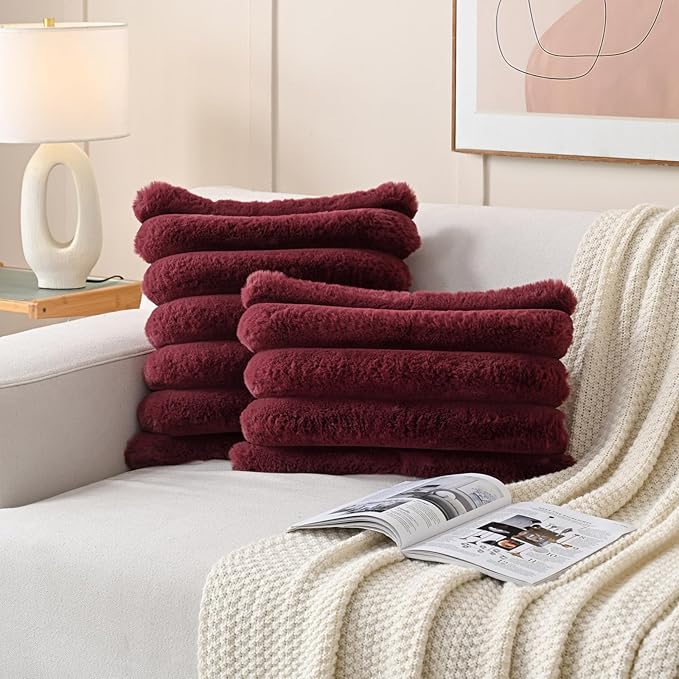 FUTEI Burgundy Decorative Throw Pillow Covers 18x18 Inch Set of 2, Square Soft Faux Rabbit Fur Big Striped Cushion Cover,Home Decor for Couch Sofa Bed Living Room