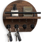 Nekon Key Holder for Wall - 9.8 Inch Apartment Wall Decor with Shelf and 8 Key Hooks, Circular Wood Key Hanger for Home Decor (Brown)
