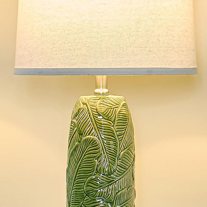Table Lamps Set of 2, 25 inch Modern Green Ceramic with Leaf Embossed Base and White Linen Shade, Farmhouse & Modern Bedside Lamp for Bedroom, Living Room, Office