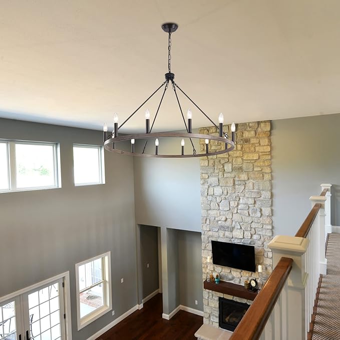 12-Light Black Wagon Wheel Chandelier, 38''Rustic Farmhouse Chandelier,Round Hanging Ceiling Pendant Light Fixture,for Kitchen Island Living Dining Room Bedroom Hallway Entryway Foyer