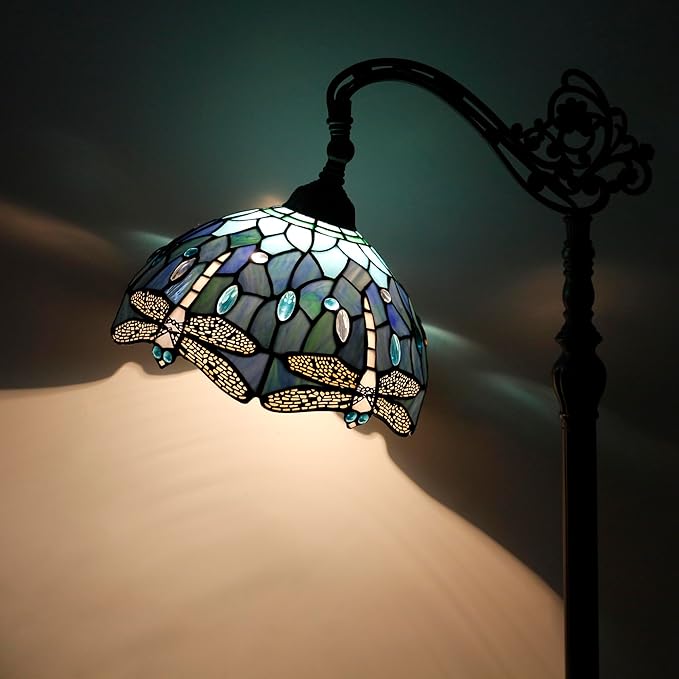 Tiffany Floor Lamp Stained Glass Blue Dragonfly Style Arched Reading Light Gooseneck Adjustable Corner Standing Lamp 12X16X66 Inch for Bedroom Living Room Home Office