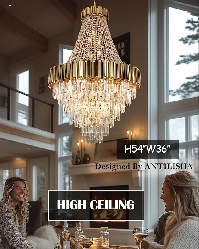 Crystal Chandeliers Modern Chandelier High Ceiling Foyer Entryway 21 Lights Gold Luxury Pendant Hanging Light Fixture for Living Room Entry Way Extra Large Tiered 36'' D x 54'' H