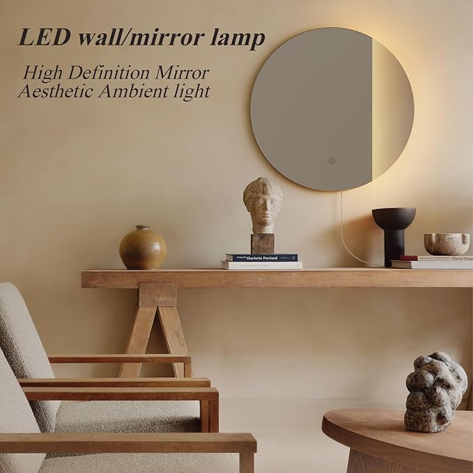 ONEWISH LED Wall Sconce, Dimmable Mirror Wall Lamp,16.93 inch Round Wall Lights for Bedroom with Memory Function, Wall Lamps for Living Room Entryway, Smoky Gray
