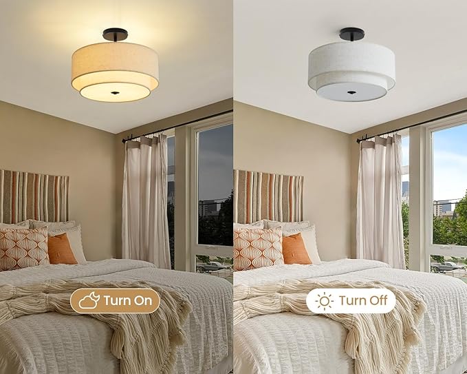 3 Light Double Drum Semi Flush Mount Ceiling Light, Close to Ceiling Light Fixture, 16 Inch with Fabric Linen Shade, Black Brass, for Living Room, Bedroom, Dining Room,Hallway and Entryway