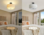 3 Light Double Drum Semi Flush Mount Ceiling Light, Close to Ceiling Light Fixture, 16 Inch with Fabric Linen Shade, Black Brass, for Living Room, Bedroom, Dining Room,Hallway and Entryway
