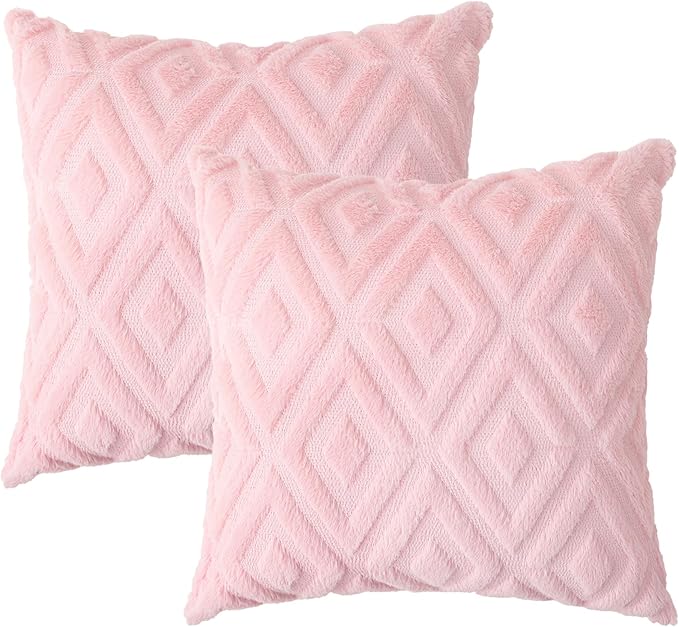 Pallene Pink Throw Pillow Covers 24x24 Set of 2, Soft Plush Faux Fur Decorative Couch Pillow Covers for Sofa Bed Living Room Pillow Cases with 3D Diamond Pattern