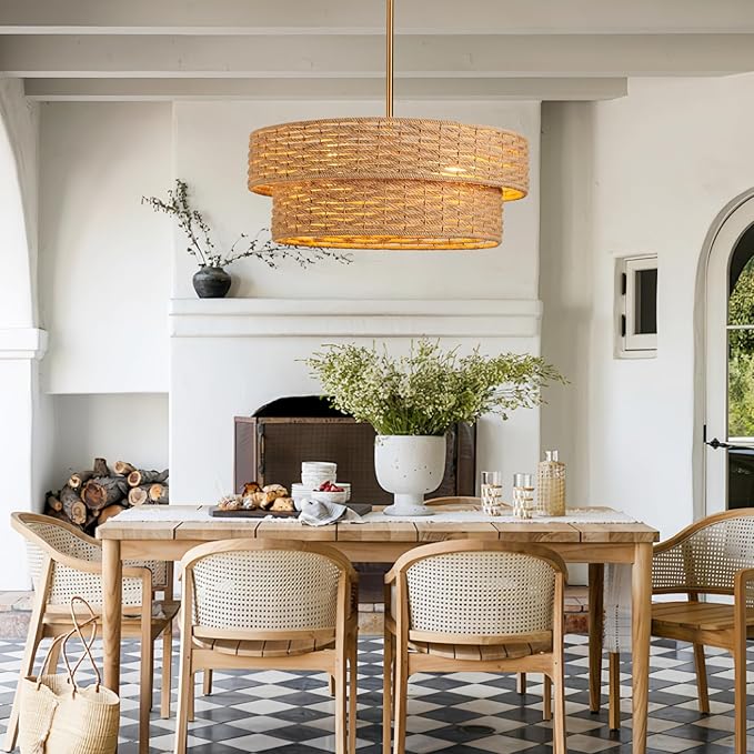 22.8in Woven Rattan Lighting Fixture, Large Boho Coastal Pendant Lights, 2-Tier Rope Chandelier with Fabric Shade for Kitchen Island, Dining Room, Bedroom, Restaurant, Hallway