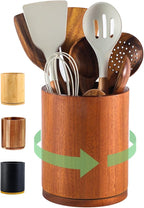 Wooden Utensil Holder, 360°Rotating 7.3'' Large Utensil Holder for Kitchen Counter, Kitchen Utensil Organizer, Utensil Crock, Farmhouse Kitchens Countertop Decor, Sapele Wood