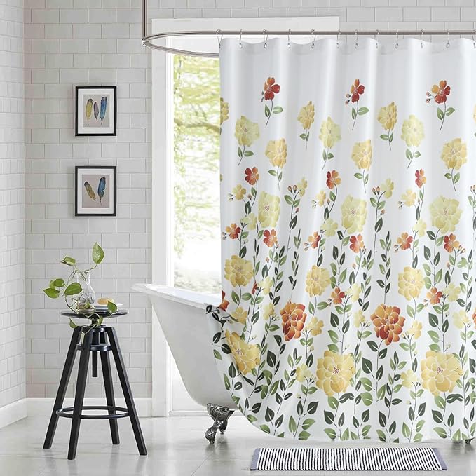 Fabric Floral Shower Curtain, Yellow Orange Green Flower Shower Curtains for Bathroom, Waterproof Bathroom Curtains, 72" W x 72" H