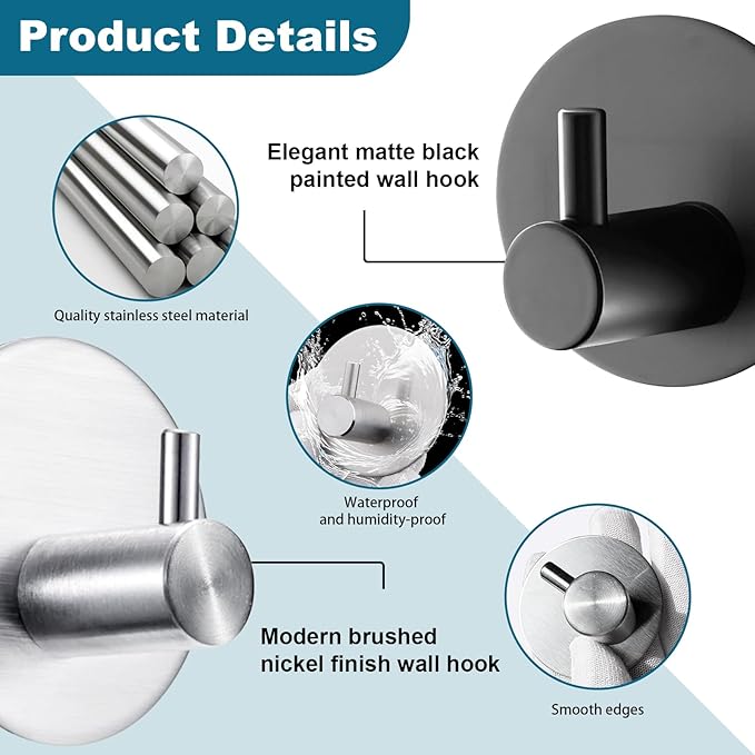 Towel Hooks for Bathroom (4 Pack) Adhesive Towel Hook Shower Hooks for Inside Shower - Sticky Bathroom Wall Hooks for Hanging Towels, Robe, Loofah, Bath Sponge - Matte Black Towel Hooks