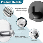 Towel Hooks for Bathroom (4 Pack) Adhesive Towel Hook Shower Hooks for Inside Shower - Sticky Bathroom Wall Hooks for Hanging Towels, Robe, Loofah, Bath Sponge - Brushed Nickel Towel Hooks