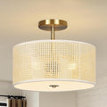 Rattan Ceiling Light Fixture, 13" Woven Drum Flush Mount Light with Gold Finish, 3-Light Boho Wicker Ceiling Lighting for Bedroom, Living Room, Farmhouse, Modern Room Decor