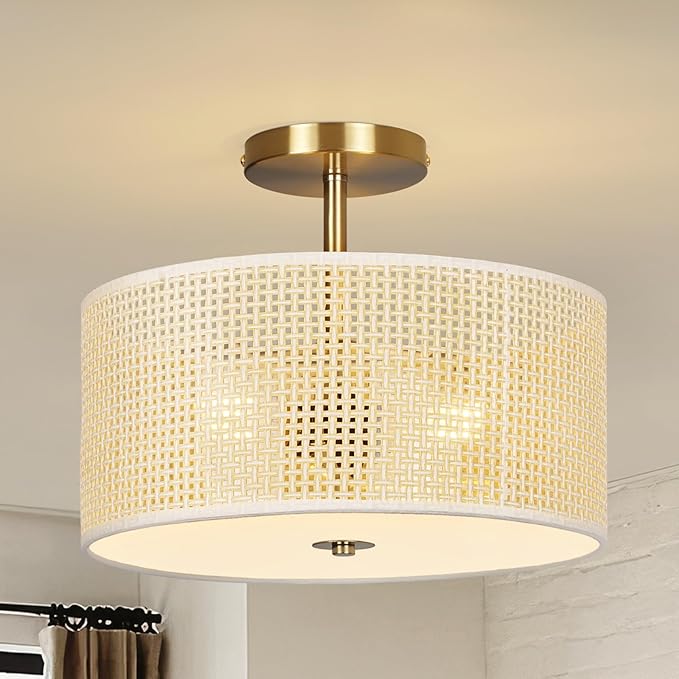 Rattan Ceiling Light Fixture, 13" Woven Drum Flush Mount Light with Gold Finish, 3-Light Boho Wicker Ceiling Lighting for Bedroom, Living Room, Farmhouse, Modern Room Decor