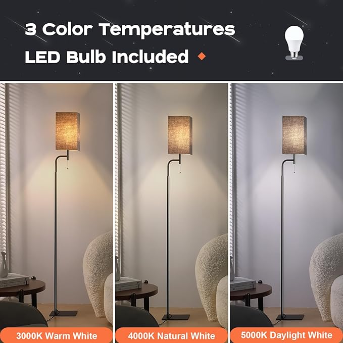 Modern Floor Lamp for Living Room, Black, 3 Color Temperatures, Linen Shade, Minimalist Design, Tall Lamp for Reading, Office, Bedroom
