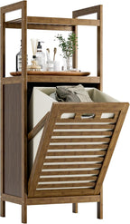 HITNET Bamboo Tilt Out Laundry Hamper, Bathroom Storage Cabinet with Hidden Removable Basket and 2 Open Shelves, Space Saving Bamboo Storage for Clothes, Towels and Toys, Walnut