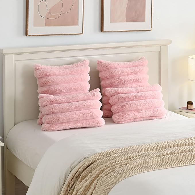 FUTEI Pink Decorative Throw Pillow Covers 26x26 Inch Set of 2, Square Soft Faux Rabbit Fur Big Striped Pillow Sham,Home Decor for Couch Sofa Bed Living Room